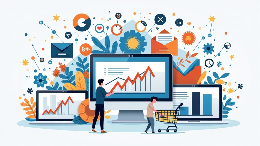 Colorful icons of online marketing, pie charts, and a laptop, representing affiliate marketing.