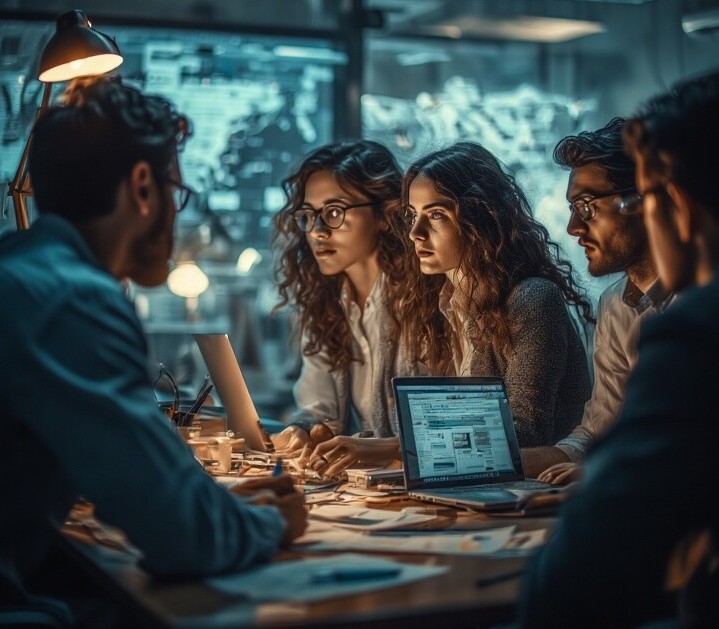 Image of Woman building Landing Page with Coworkers