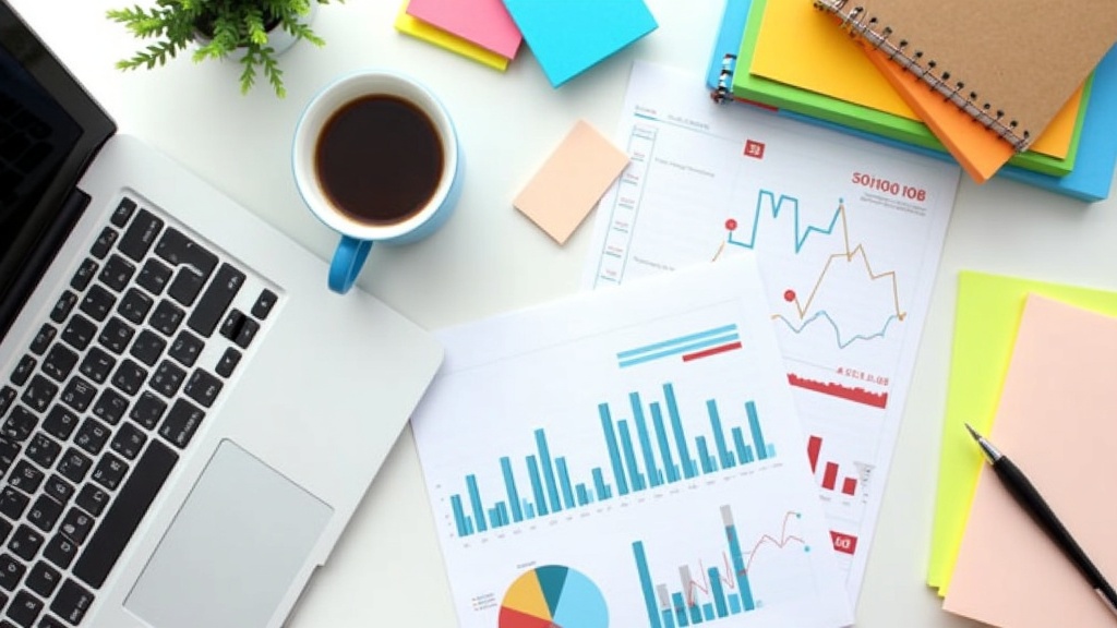 Niche market research and analytics tools, charts and data on a desk with a laptop