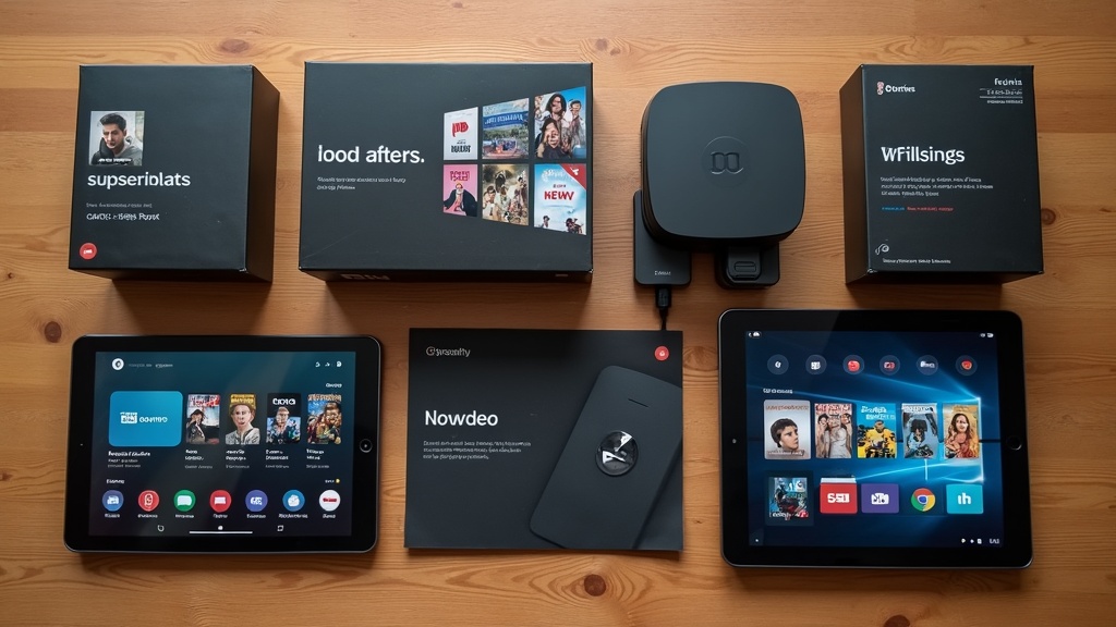 A flat layout of various subscription product boxes, streaming device, and digital tablets displaying media icons on a wooden desk