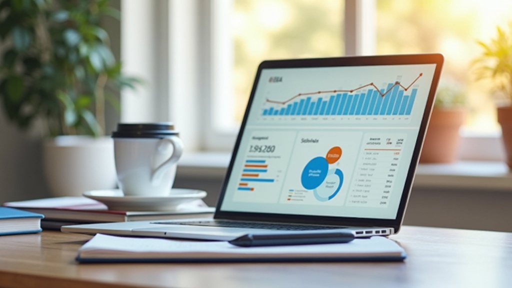A laptop with analytical graphs and organic website statistics on the screen, surrounded by coffee and notepads