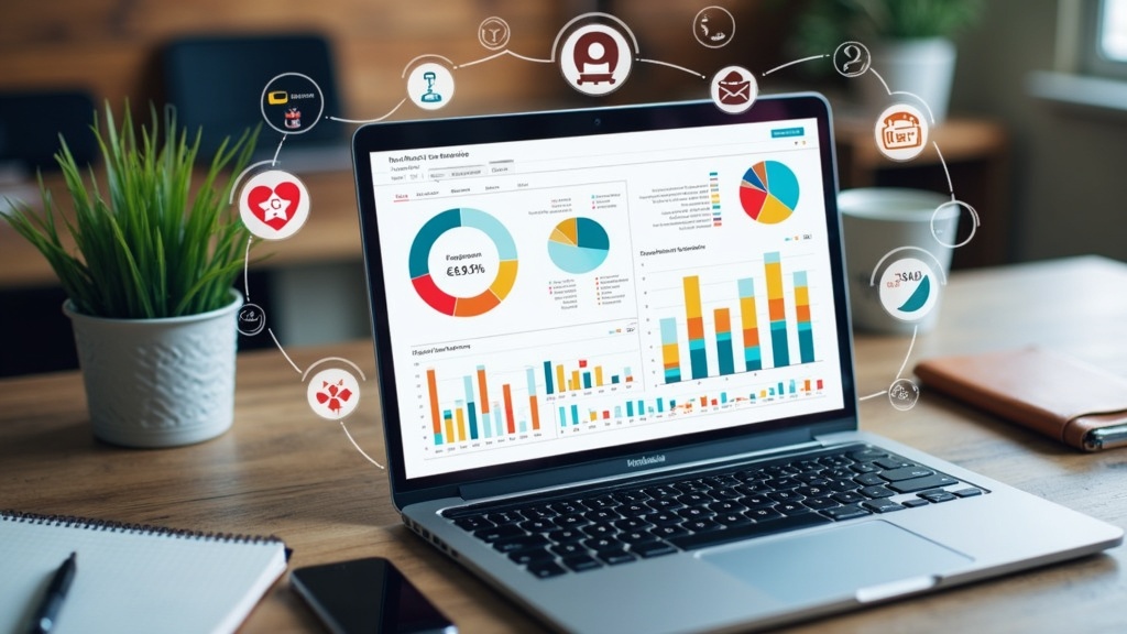 A laptop displaying colorful data charts and affiliate marketing analytics, surrounded by icons representing customization and segmentation options.